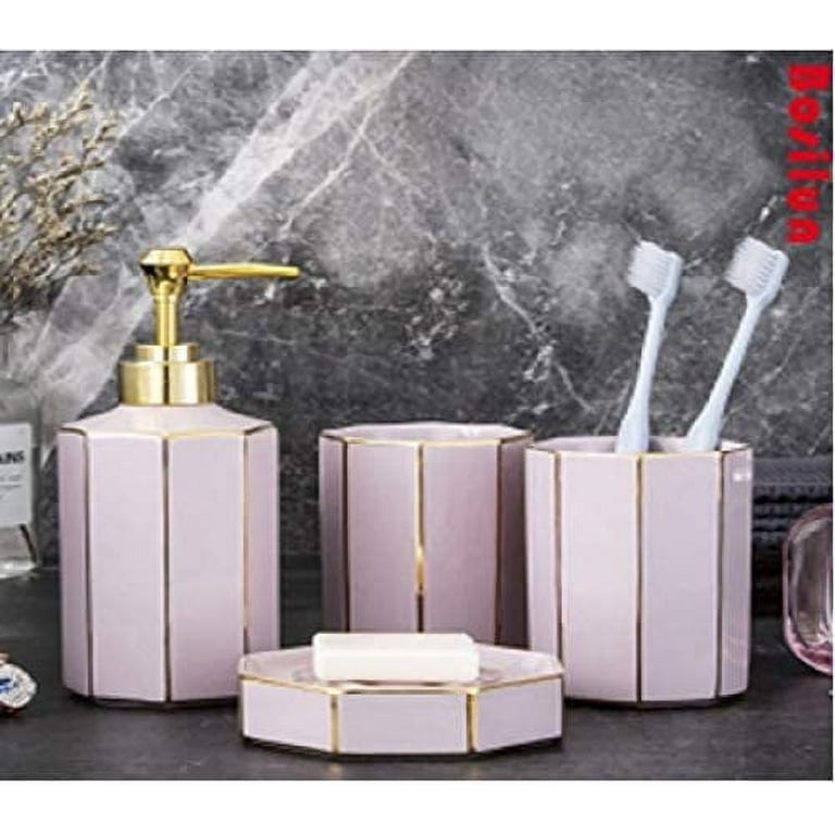 Luxury Ceramic Bathroom Accessories Elegant Bathroom Sets 1 Soap Bottle+1  Soap Dish +1toothbrush Holder+2 Cups Pink Color BS 06 From Lovehomes,  $126.64