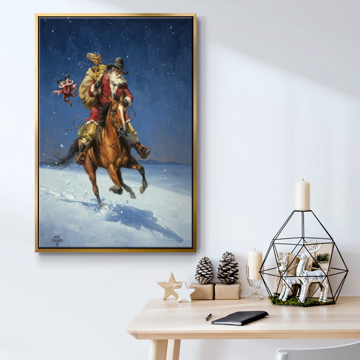 Midnight Rider - Framed Gallery Wrapped Holiday Canvas - 27 x 41 - Gold Frame