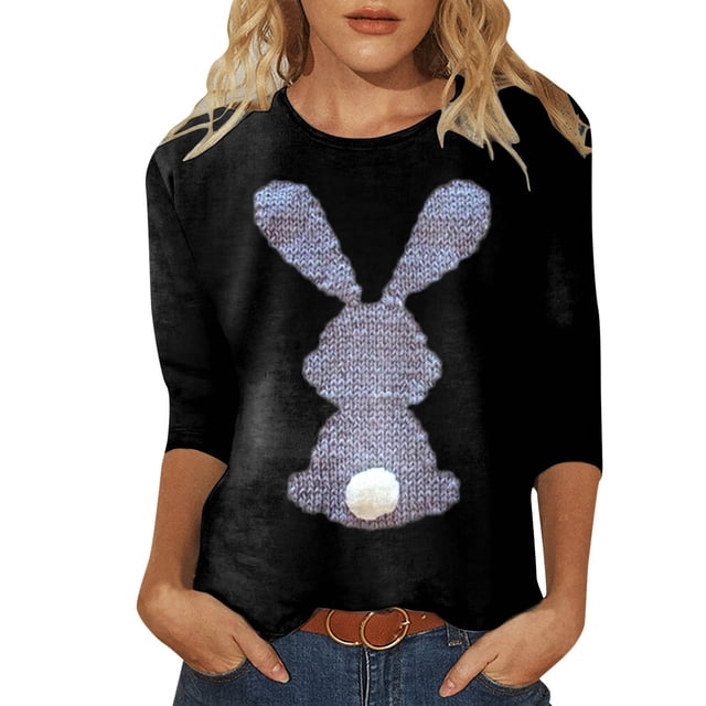 TSADFHJI Christmas Tops for Women off Shoulder T Shirts for Women Summer Tops Round Neck Three Quarter Sleeve Comfortable Rabbit Print Blouse Xxl Navy
