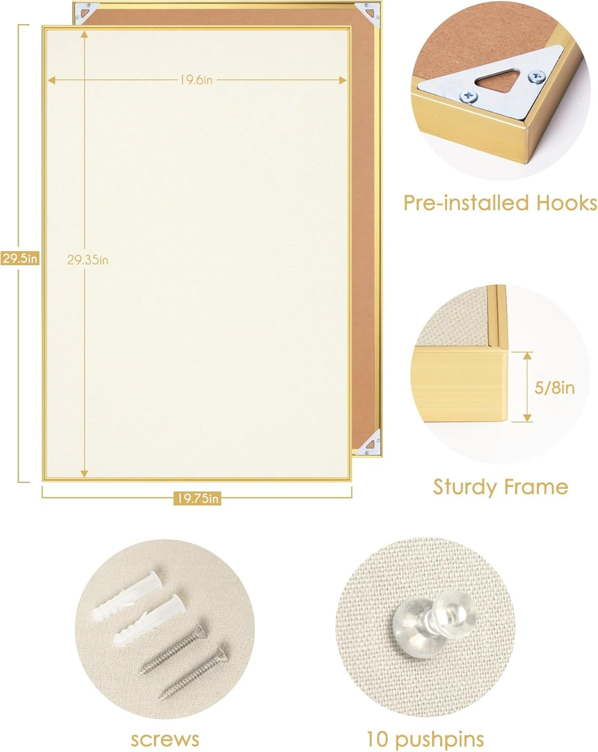 Bulletin Board 30 x 20 inches, Gold Aluminum Frame, Fabric Cork Board, with 10 Push Pins
