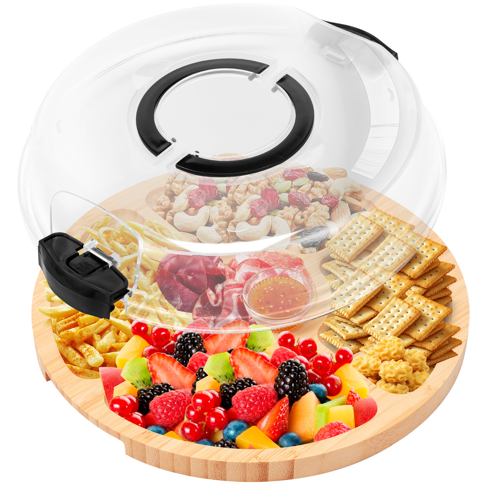 Ihvewuo Cheese Board Covered Fruits Platter Serving Tray Round Charcuterie Board with Lid Large Capacity Divided Design for Party Picnic Camping