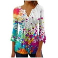 thumbnail image 2 of Women Long Sleeve Boho Tops Casual Sale Trumpet 3/4 Sleeve Plus Size Floral Printed Dressy Button-up Women's Basic Ruched V-neck Tunic Tops Pleated T-shirts Blouses Hot Pink qILAKOG Size XL, 2 of 5