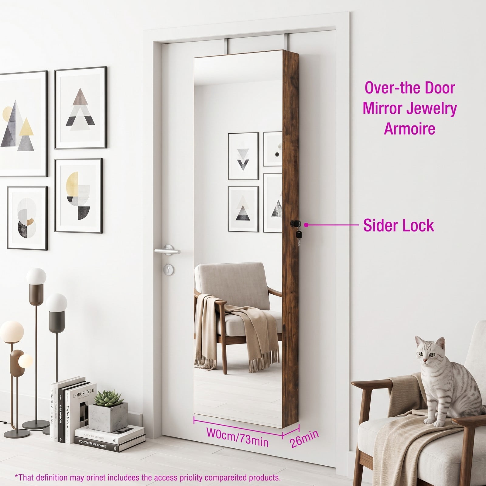 Furnibear Lockable Wall and Door Mounted Jewelry Cabinet with Full-Length Mirror and LED Lights for Bedroom Ring and Necklace Storage, Rustic Brown