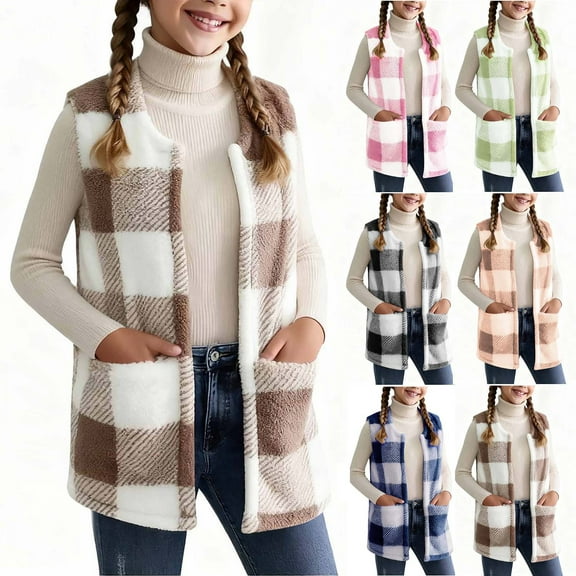 qolati Girls Flannel Plaid Vest Fall Winter Open Front Sleeveless Shacket Shirt Jacket Soft Sherpa Fuzzy Fleece Outerwear with Pockets 3-15 Years