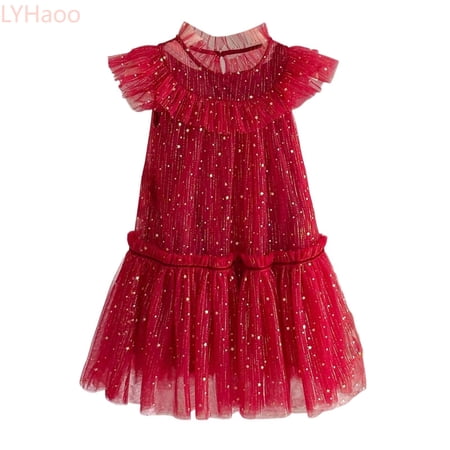 LYHaoo Toddler Girls Fly Sleeve Star Moon Sequin Dress Dance Party Ruffles Dresses Clothes，Dresses for School Casual Sizes 3-4 Years Red