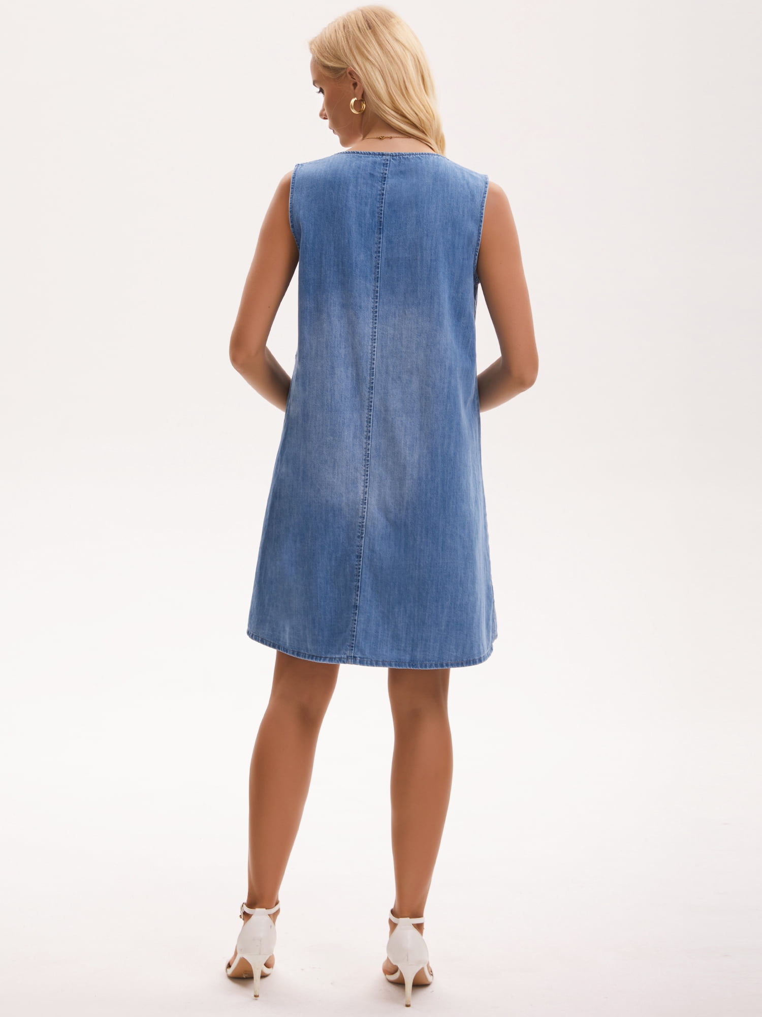 DARING DIVA Women's Sleeveless Denim Knee Length Loose Tunic Jean Dress M Blue