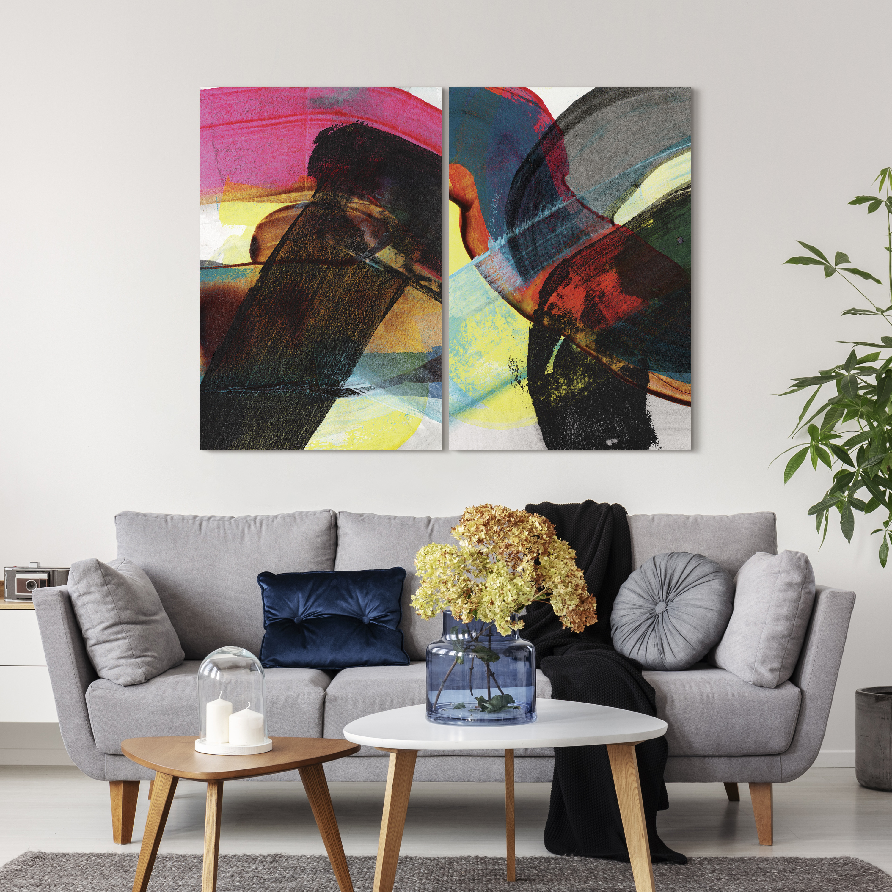 "Carnival Crossing Abstract I&II" Frameless Free Floating Reverse Printed Tempered Glass Wall Art Set of 2