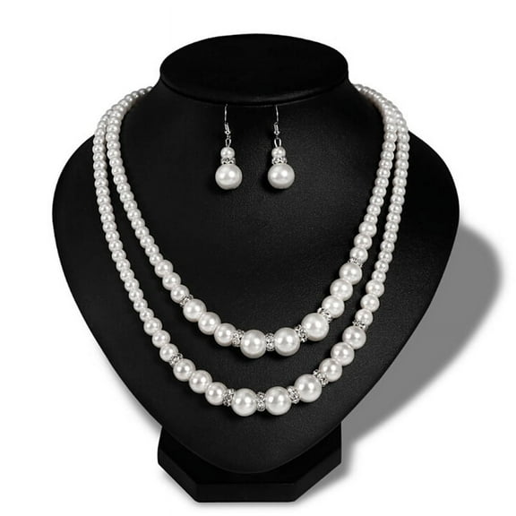 Double Chain Pearl Jewelry Set Women Simulated Pearl Necklace Earrings Jewel AL
