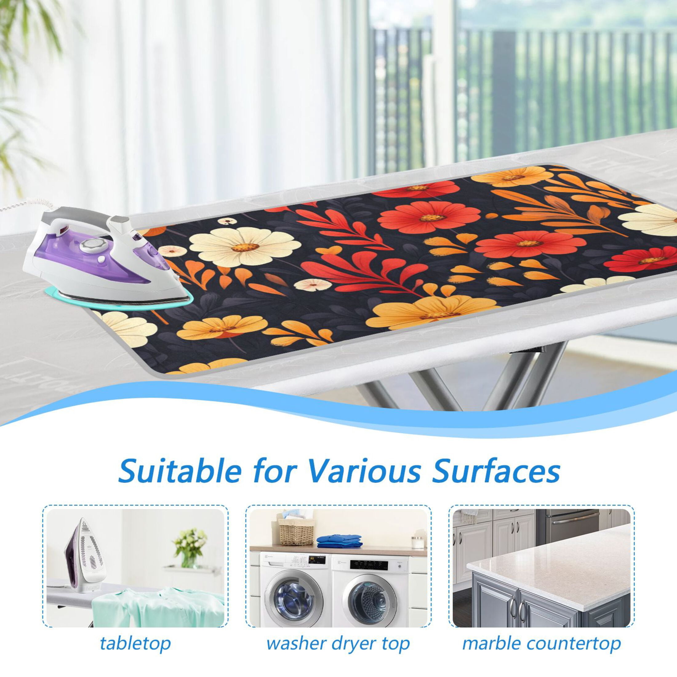 Orange and Red Flowers Ironing Mat Blanket for Table Top Travel Portable Ironing Board Pad 47.2x27.6 Inch