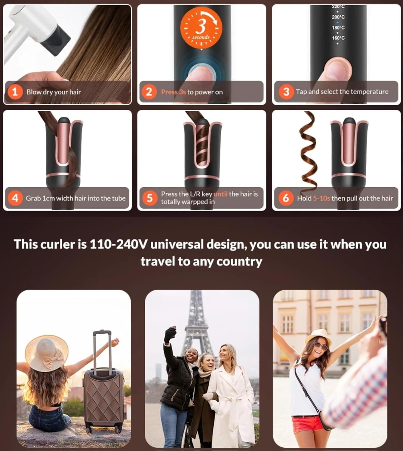 Automatic Curling Iron, Taotique Professional Auto Hair Curler with 4 Temperature, Shut-Off, Anti-Scald, Anti-Tangle Rotating Curling Wand for Hair Styling