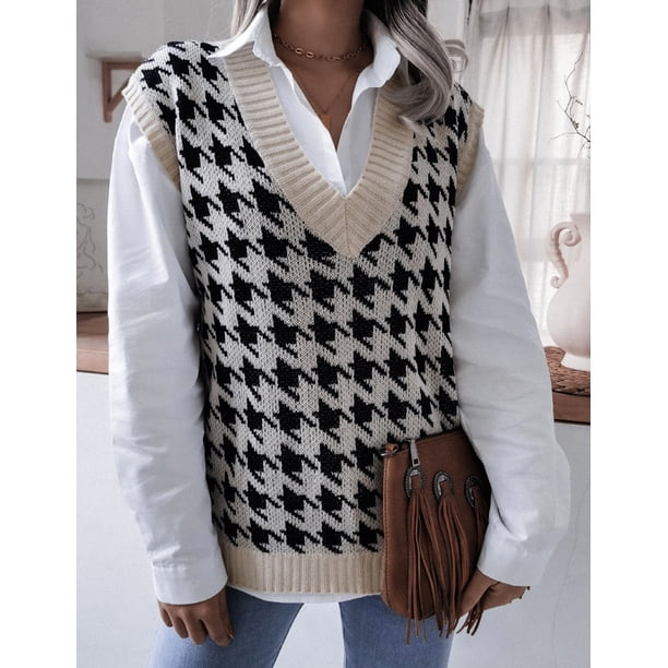 Houndstooth Pullover Slim V-neck Knitted Sweater