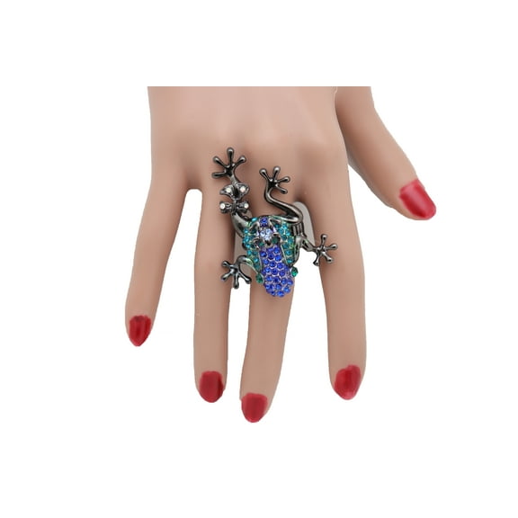 Women Pewter Black Ring Metal Blue Frog Animal One Size