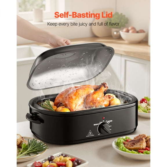 18QT Large Capacity Electric Roaster Oven Turkey Roaster with Self Basting Lid 1450W Precise Temperature Control Defrost Warm Functions Black Metal