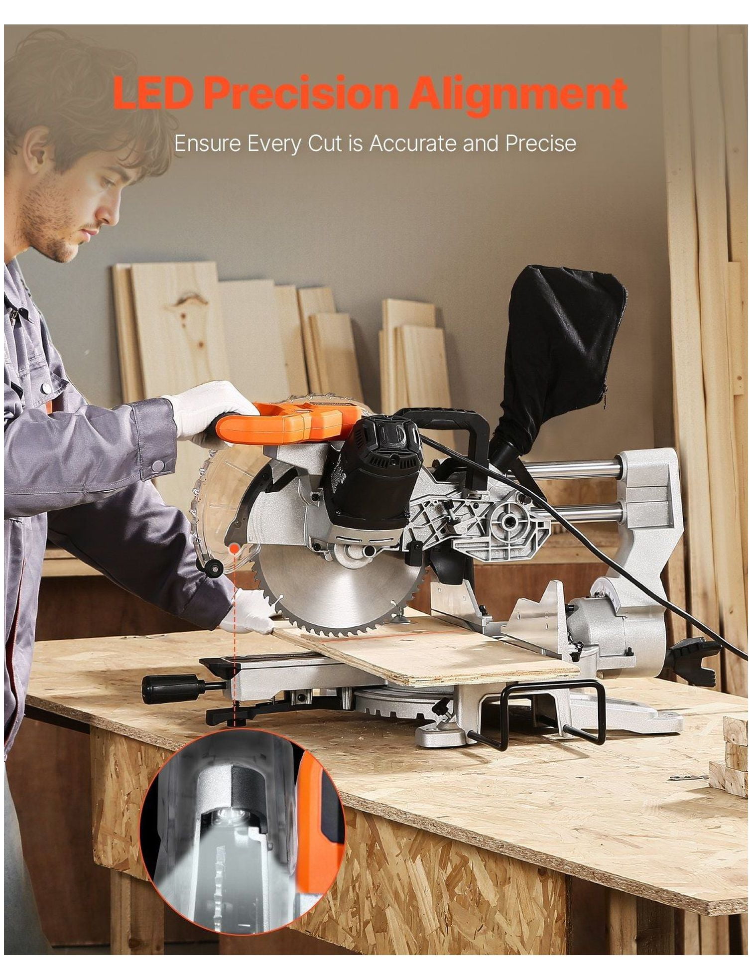 Sliding Compound Miter Saw 10-Inch, 15 Amp, Double Bevel, 60-Tooth - Corded Miter Saw for Woodworking, Precise Angle Cuts, Adjustable LED Guide