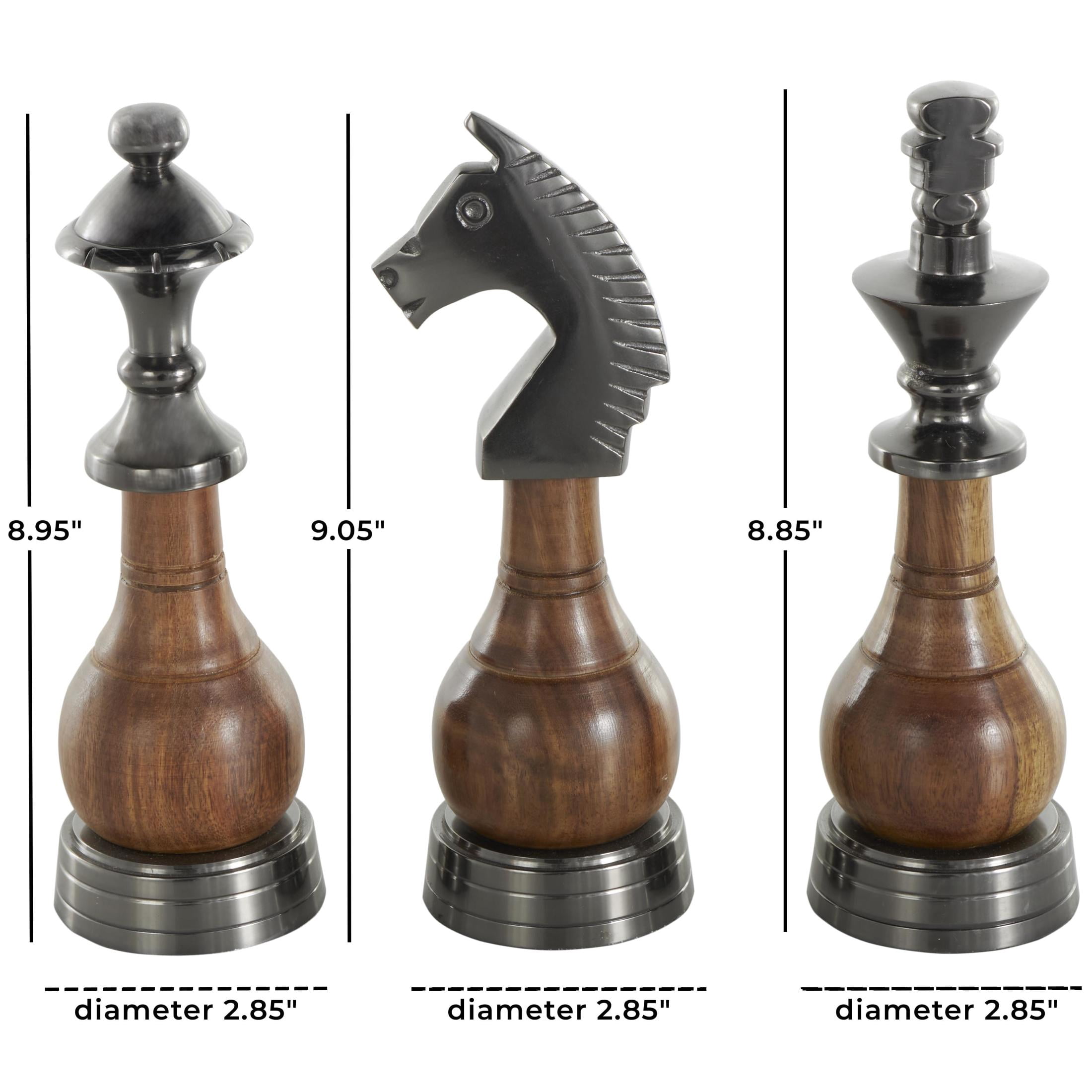 3"W, 9"H Dark Gray Aluminum Metal King, Queen, and Knight Chess Sculpture with Mango Wood Center, by DecMode (3 Count)