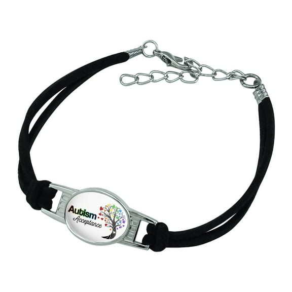 Autism Acceptance Tree of Life with Hearts Novelty Suede Leather Metal Bracelet