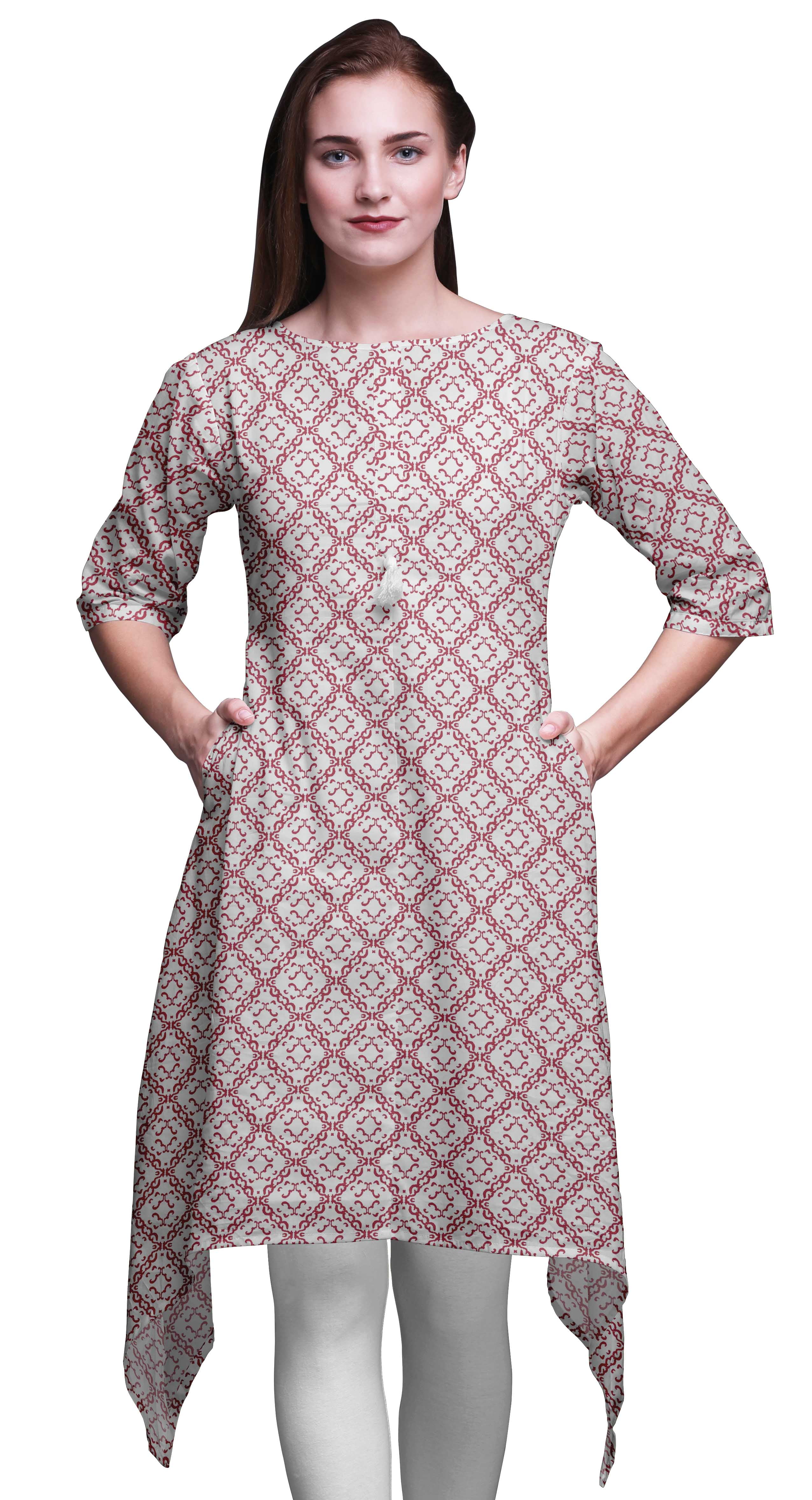 Bimba Women's Cotton Kurti Tunic - White & Black Printed, Short Sleeve, 46" Length, Casual Summer Blouse, Day Wear - View #3