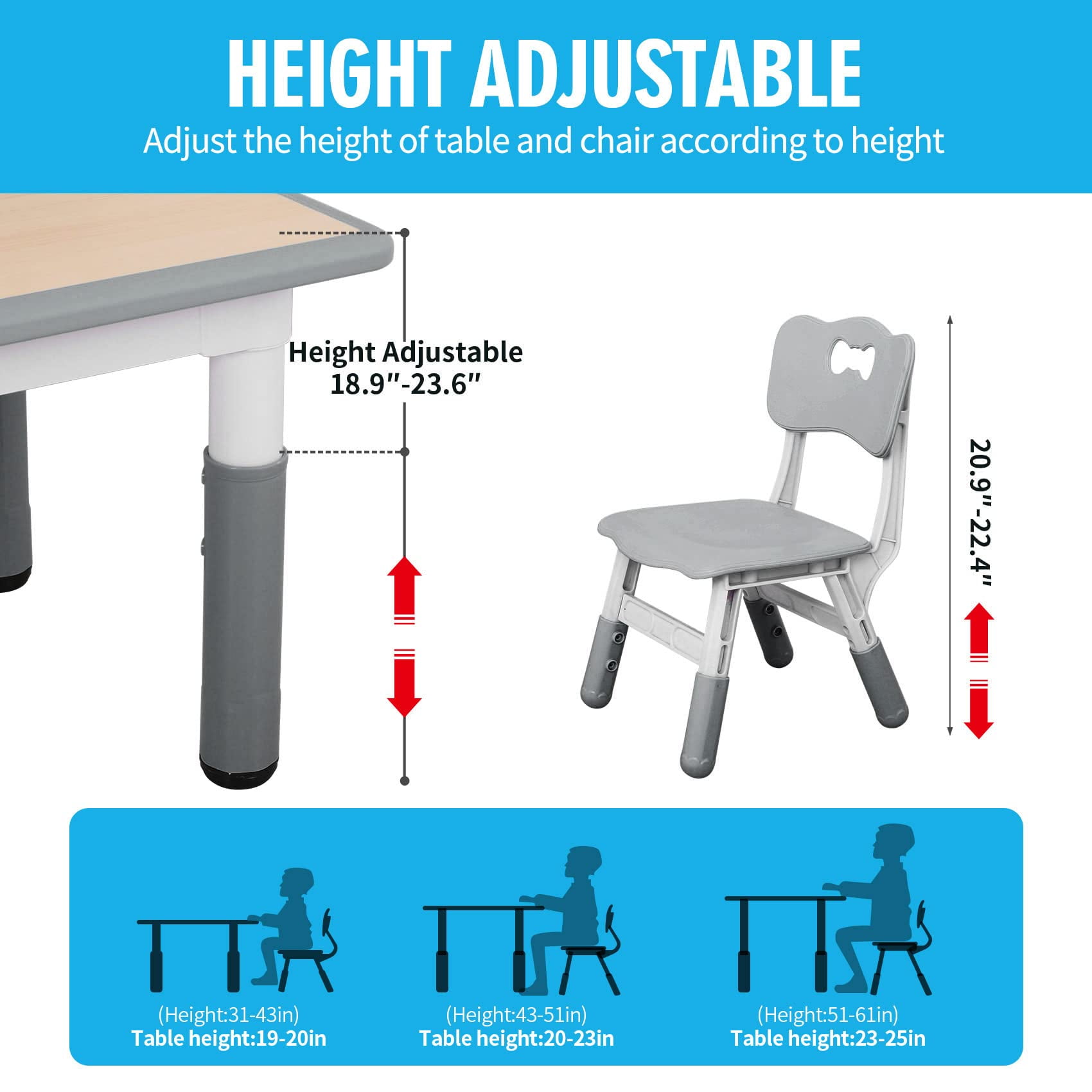 UNICOO® Kids Table and 2 Chairs Set, Height Adjustable Toddler Table and Chair Set, Easy to Wipe Arts & Crafts Table, Suitable for Ages 2-8, Childrens Table and Chair Set (BY-60-MGY)