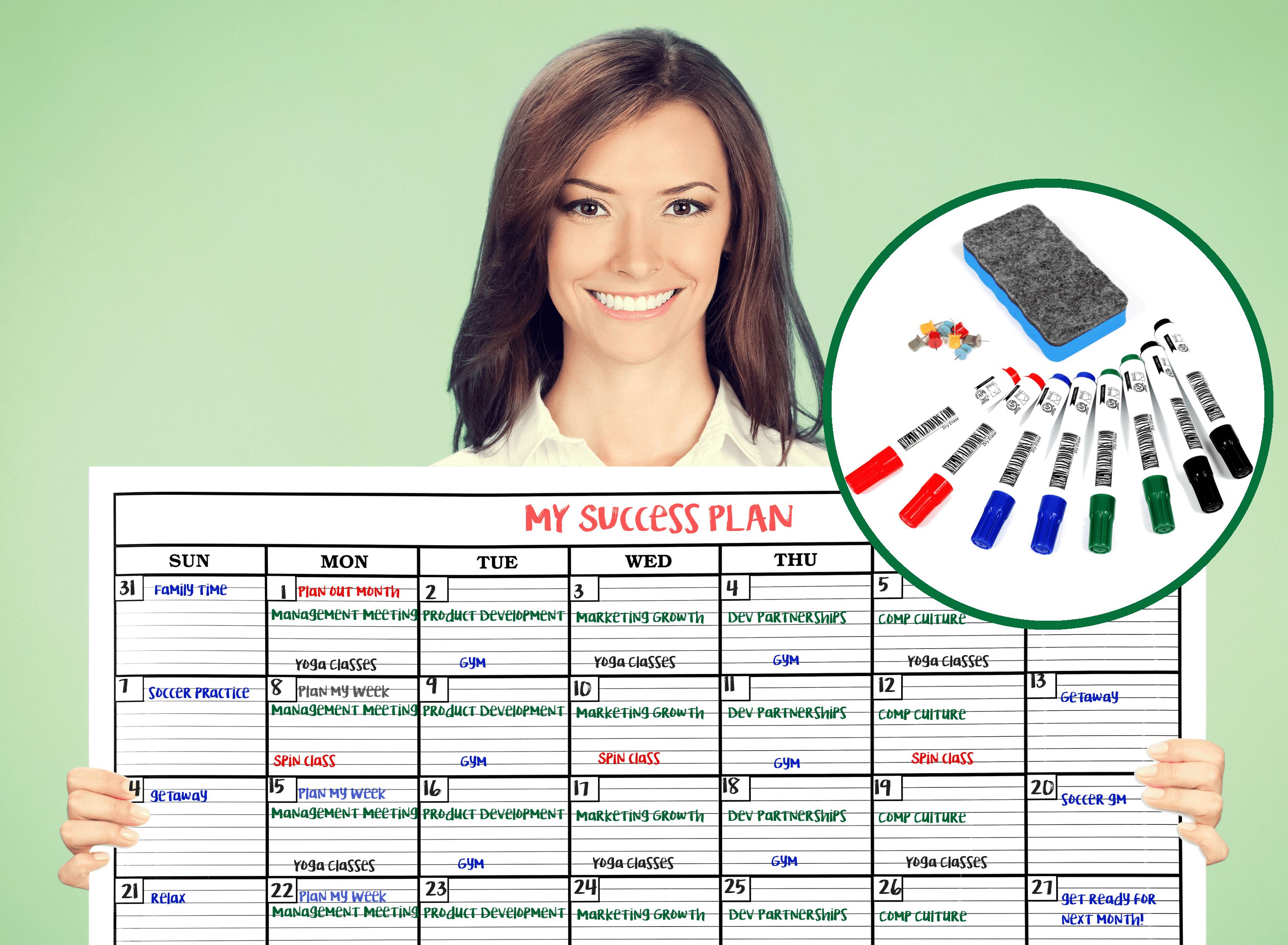 24' x 36' Jumbo Dry Erase Laminated Wall Calendar by MegaCalendars, Reusable PET Film, 8 Markers, 8 Tacks plus eraser