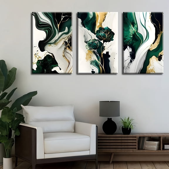[2D Flat] 3pcs Modern Abstract Marble Canvas Wall Art - Frameless Green & Golden Swirls, Elegant Wall Decor for Living Room, Bedroom, Office, Cafe, Bar, Home & Dorm - High-Quality Canvas Print, Wall