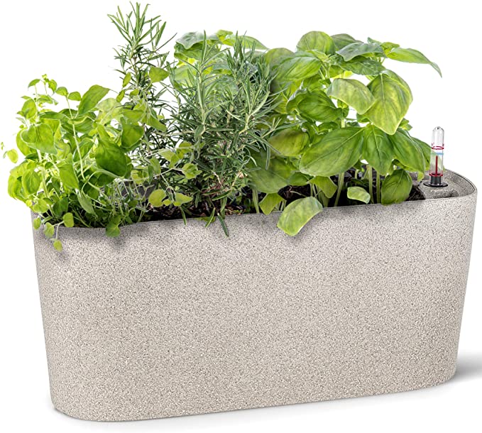 Windowsill Rectangular Self Watering Herb Garden | Large Plastic Planter Pot for Herbs, Greens, Flowers, House Plants and Succulents | Indoor/Outdoor Flower Pot (Stone Color) - image 1 of 6
