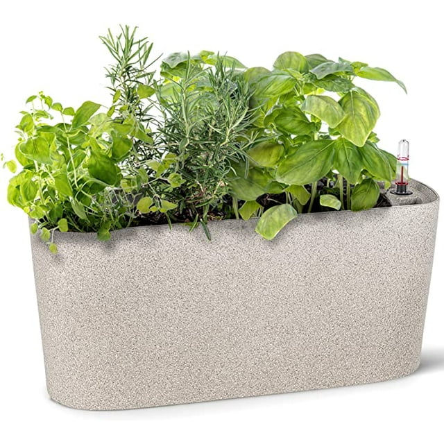 Windowsill Rectangular Self Watering Herb Garden | Large Plastic Planter Pot for Herbs, Greens, Flowers, House Plants and Succulents | Indoor/Outdoor Flower Pot (Stone Color)