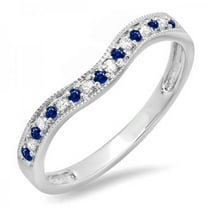 0.15 CT 10K White Gold Round Blue Sapphire, White Diamond Ladies Anniversary Wedding Band Guard Ring