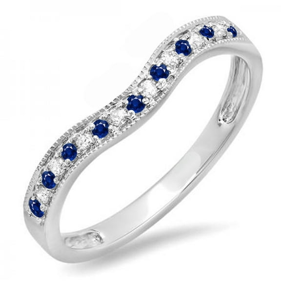 0.15 CT 10K White Gold Round Blue Sapphire, White Diamond Ladies Anniversary Wedding Band Guard Ring