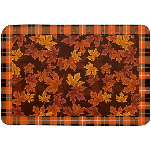 Thanksgiving Fall Maple Leaves on Orange Black Buffalo Check Plaid Door Mat Door Mat for Front Door Home Entrance Rugs Farmhouse Home Kitchen Decoration Floor Front Door Mat, 24 x 16 Inch