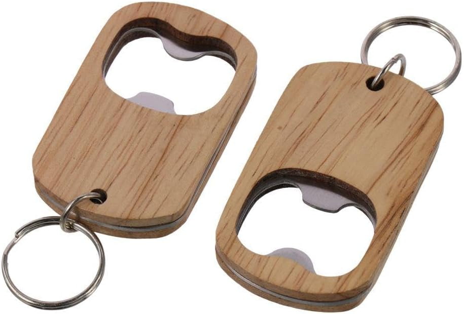 MKEUDQ-8Pcs Wooden Keychain Bottle Opener Blanks Wood Engraving Key Chain Unfinished Key Tag for DIY Craft Party Supplies