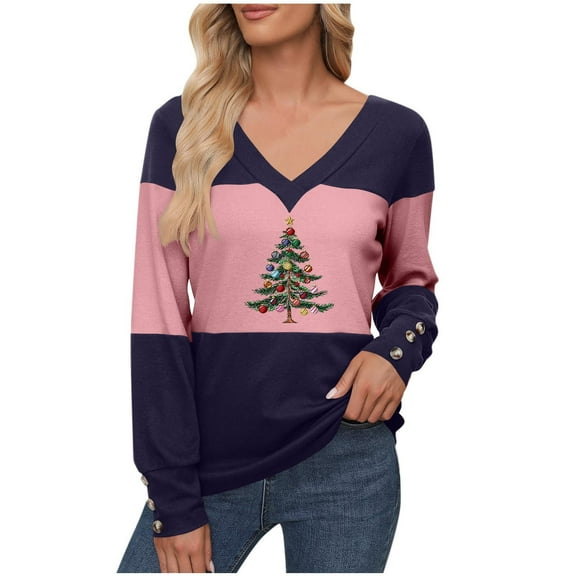 HongQid Christmas Shirts for Women Christmas Theme Printed Graphic Tshirts Long Sleeve V Neck Tops