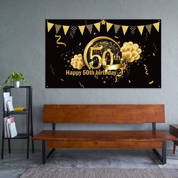 Happy 50th Birthday Party Decoration, Large Fabric Black Gold Sign Poster  for 50th Birthday Photo Booth Backdrop Background Banner, 50th Birthday