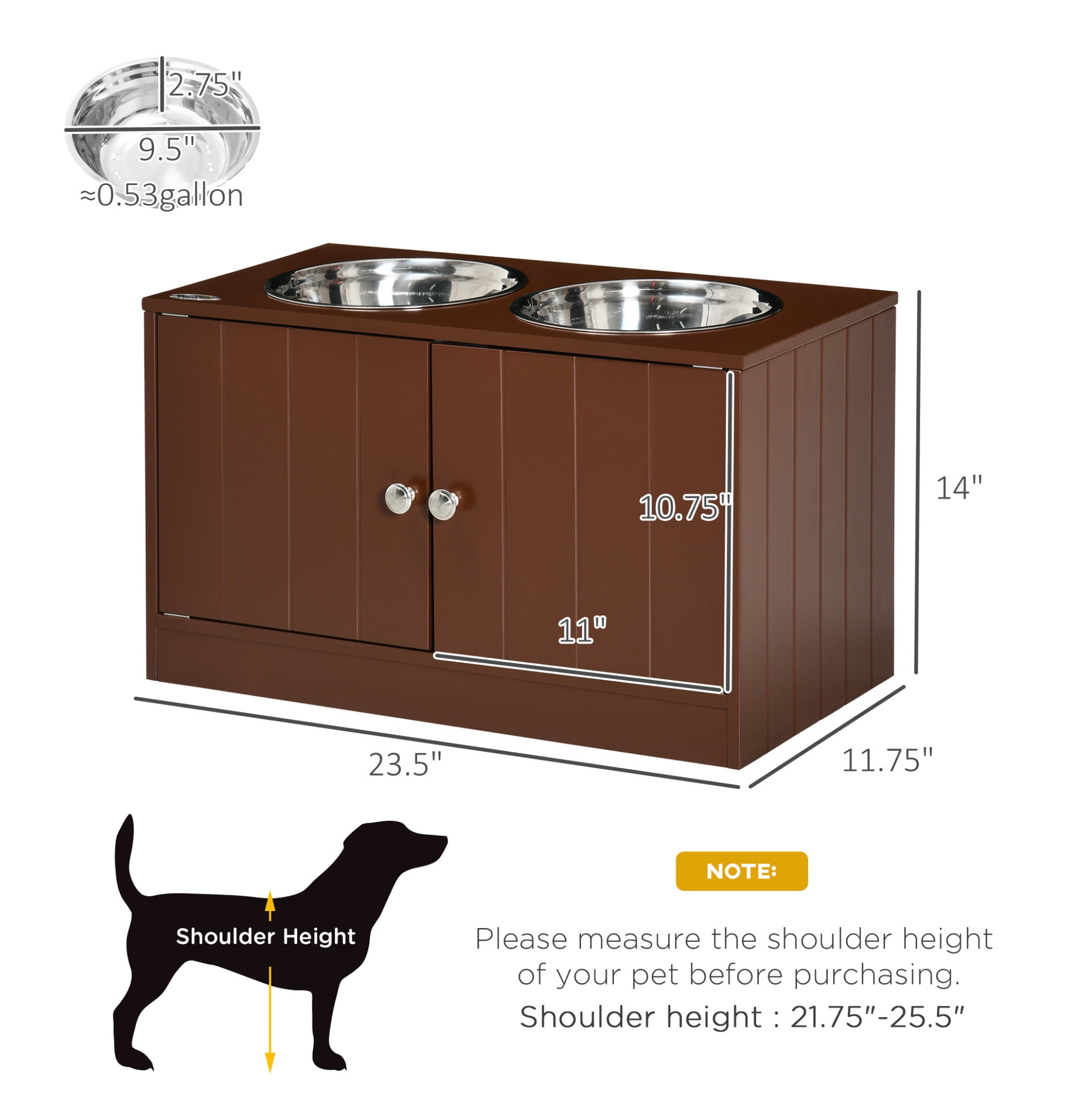 Raised Dog Bowls with Storage, Dog Bowl Stand with Cabinet, Stainless Steel Pet Feeder, Elevated Dog Food Bowl Station for Large Dogs, Brown