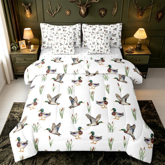 Manfei Aquatic Bird Pattern 7-Piece Twin Bedding,Farmhouse Cabin Bedding Comforter Set,Reversible