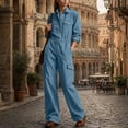 thumbnail image 6 of Utility Jumpsuit Button down Wide Leg Cargo Pockets Collared Utility Jumpsuit Long Sleeve High Waist Pleated Casual Wide Leg Overalls with Pockets, 6 of 7