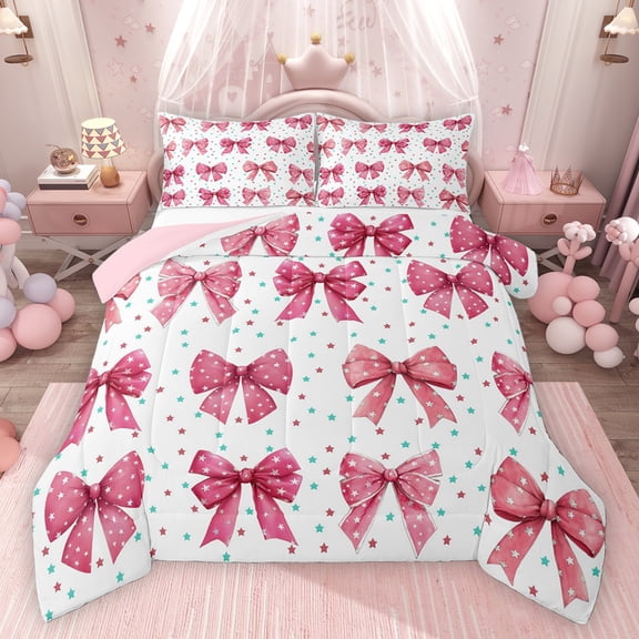 Homewish Kids Teenagers Cute Stars Bowtie Bedding Comforter Set 2pcs,Starry Sky Twin Comforter Sets Microfiber,Dreamy Princess Bow Breathable Bedding Set,Lightweight Room Decor,Reversible