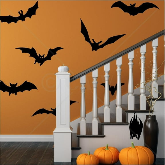 Halloween XL Bats Set of 8 wall decal stickers Halloween Decor Bat Sticker Self Adhesive Decals - Range between 10.5"-21"L  - Color: Black