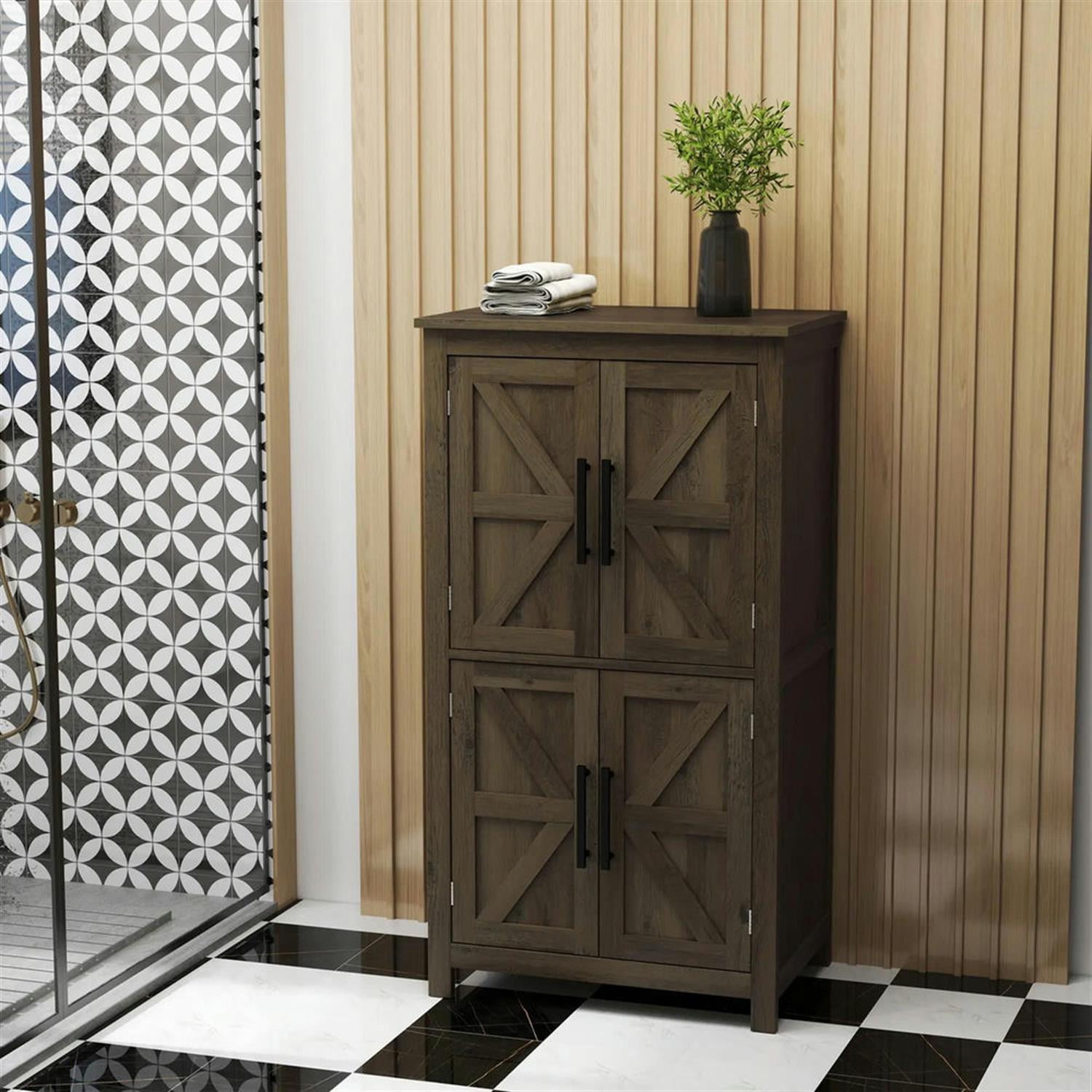Demi Bonn 43" Farmhouse Bathroom Floor Cabinet, Freestanding Storage Cabinet with Adjustable Shelf and 4 Doors, for Living room, Entryway, Kitchen, Brown