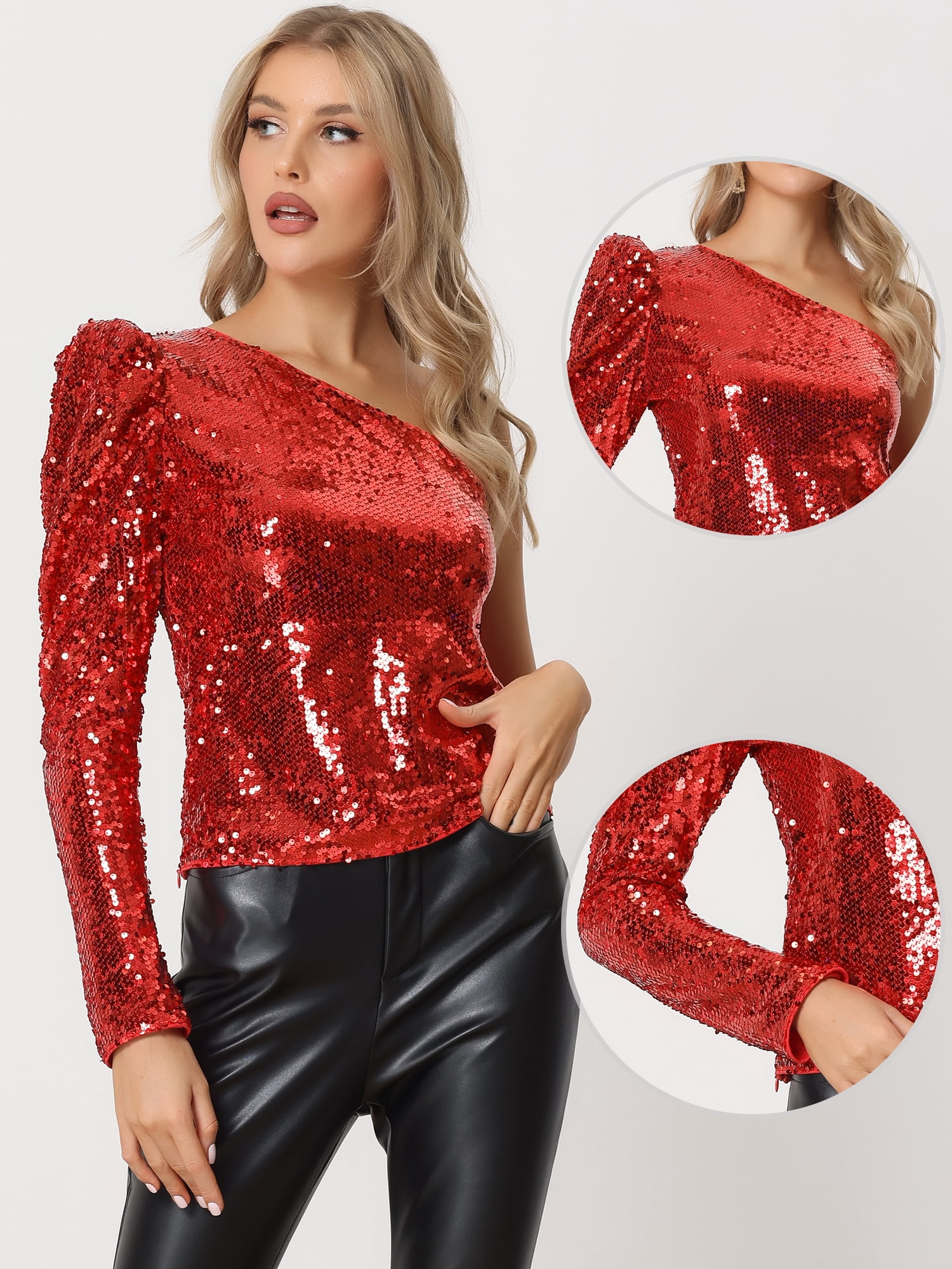 DARING DIVA Women's One Shoulder Puff Long Sleeve Shimmer Tops XL Red