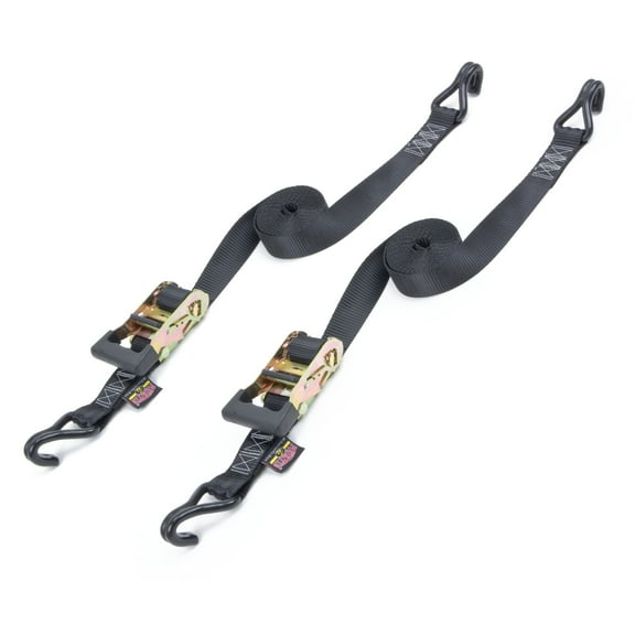 PowerTye MFG 1.5in x 12ft Rubber-Handle Yellow Ratchet Tie-Down Straps with Heavy-Duty J-Hooks, Black (Pair)