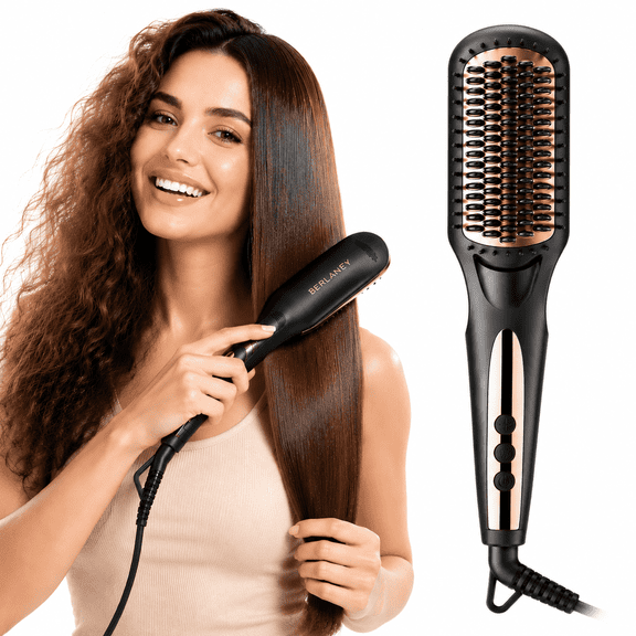 Berlaney Hair Straightener Brush for Women, One Step Straightening Brush with Negative Ions, Dual Voltage Hot Comb, Frizz-Free Styles for All Hair Types