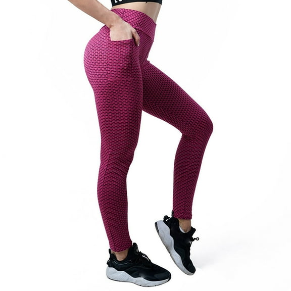 AWZXDE Honeycomb Texture Yoga Pants with Pockets High Waist Compression Workout Leggings for Women Sweat-Wicking Hot Pink,S