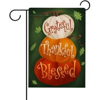 Thanksgiving Grateful Thankful Blessed Garden Flag Double Sided, Fall White Pumpkin Maple Leaves Decorative House Yard Outdoor Small Decor, Autumn Farmhouse Burlap Home Outside Decoration 12.5x18