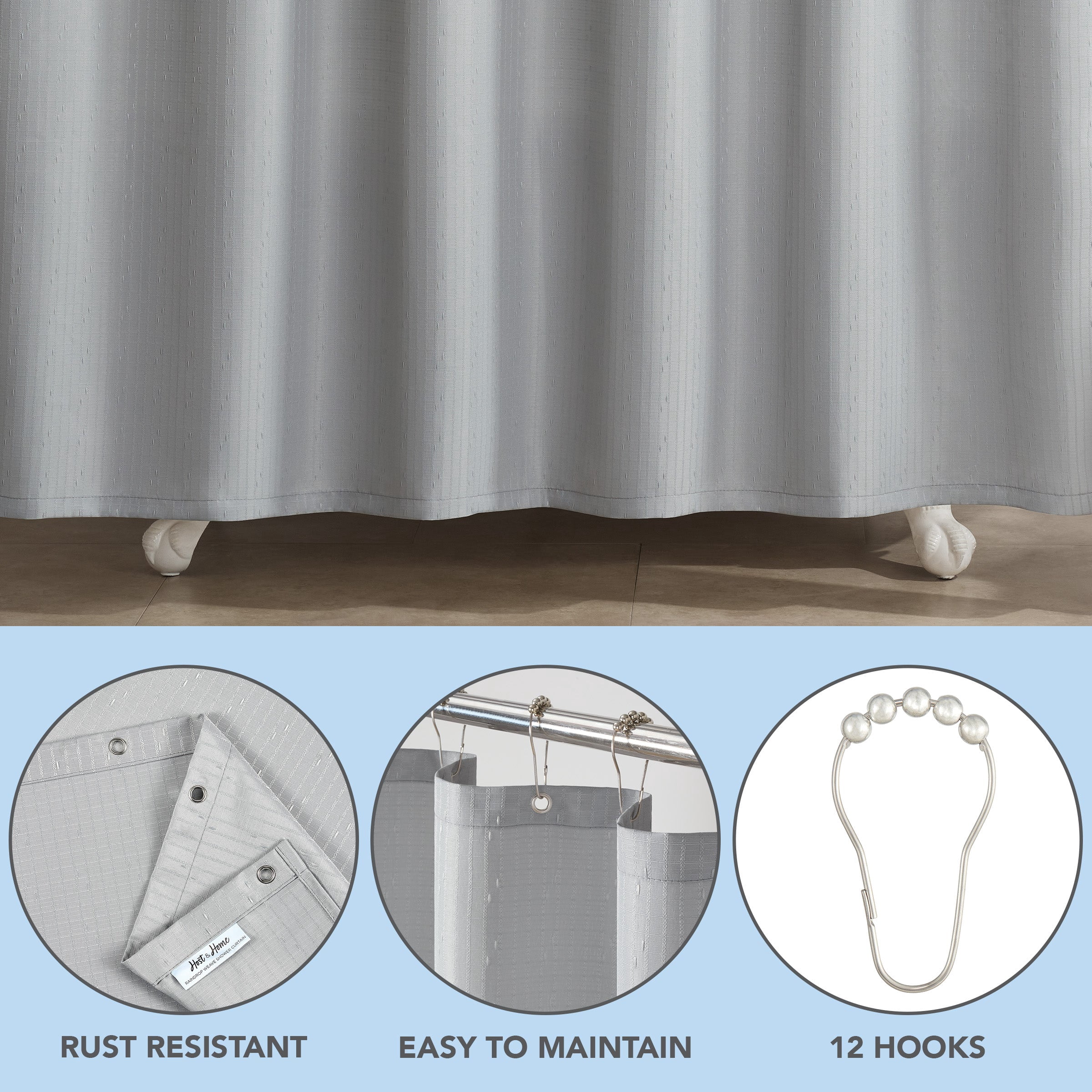 Host & Home Raindrop Stripe Shower Curtain Set, 72x72, with 12 Metal Rolling Rings, Weighted Hem, Rust-Proof Grommets, 100% Polyester Yarn, Light Grey