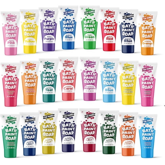 Tub Works Bath Paint Soap, 24 Pack, Washable Bathtub Paint for Finger Painting on Tub Walls, Variety Pack