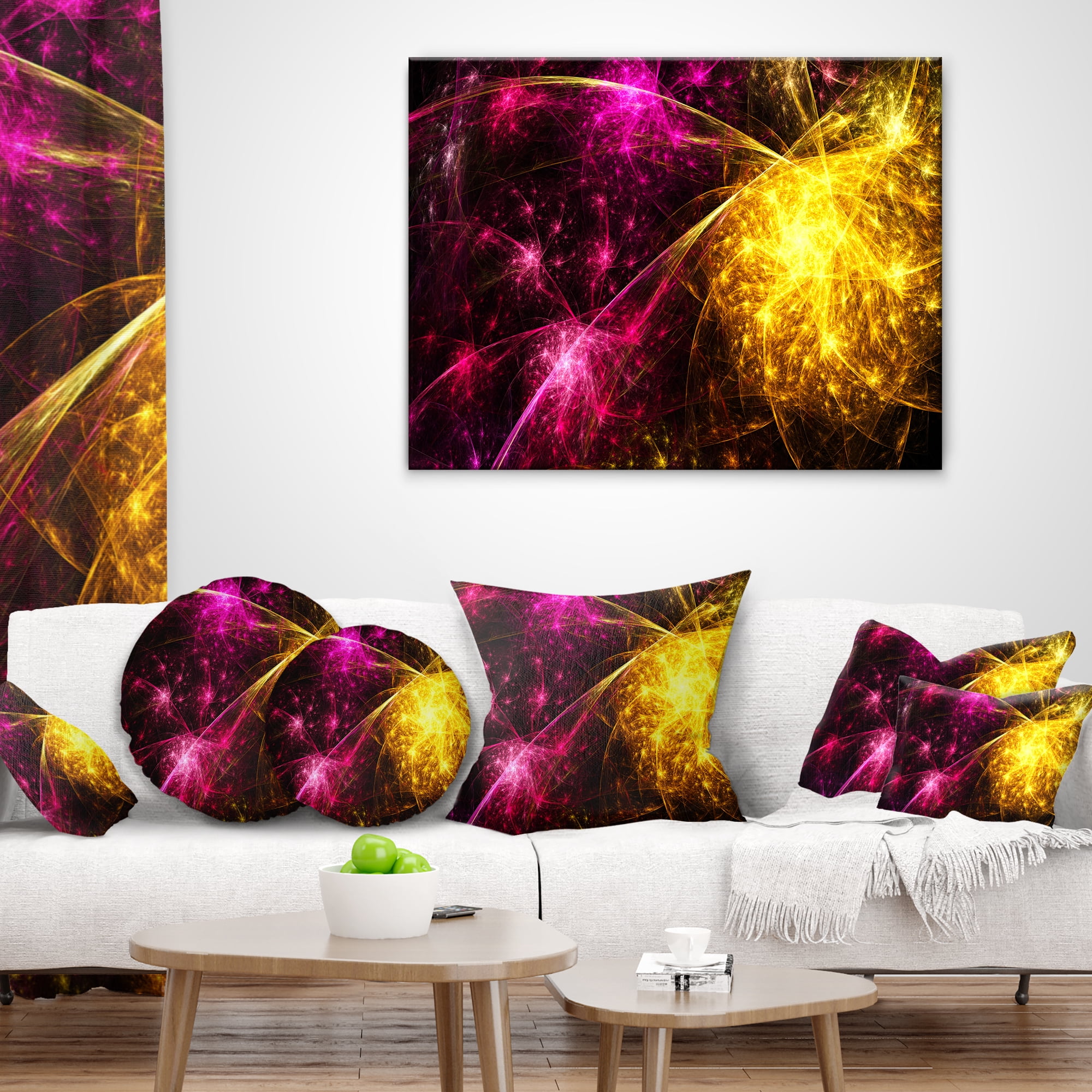 Designart Yellow Pink Colorful Fireworks - Abstract Throw Pillow - 12x20