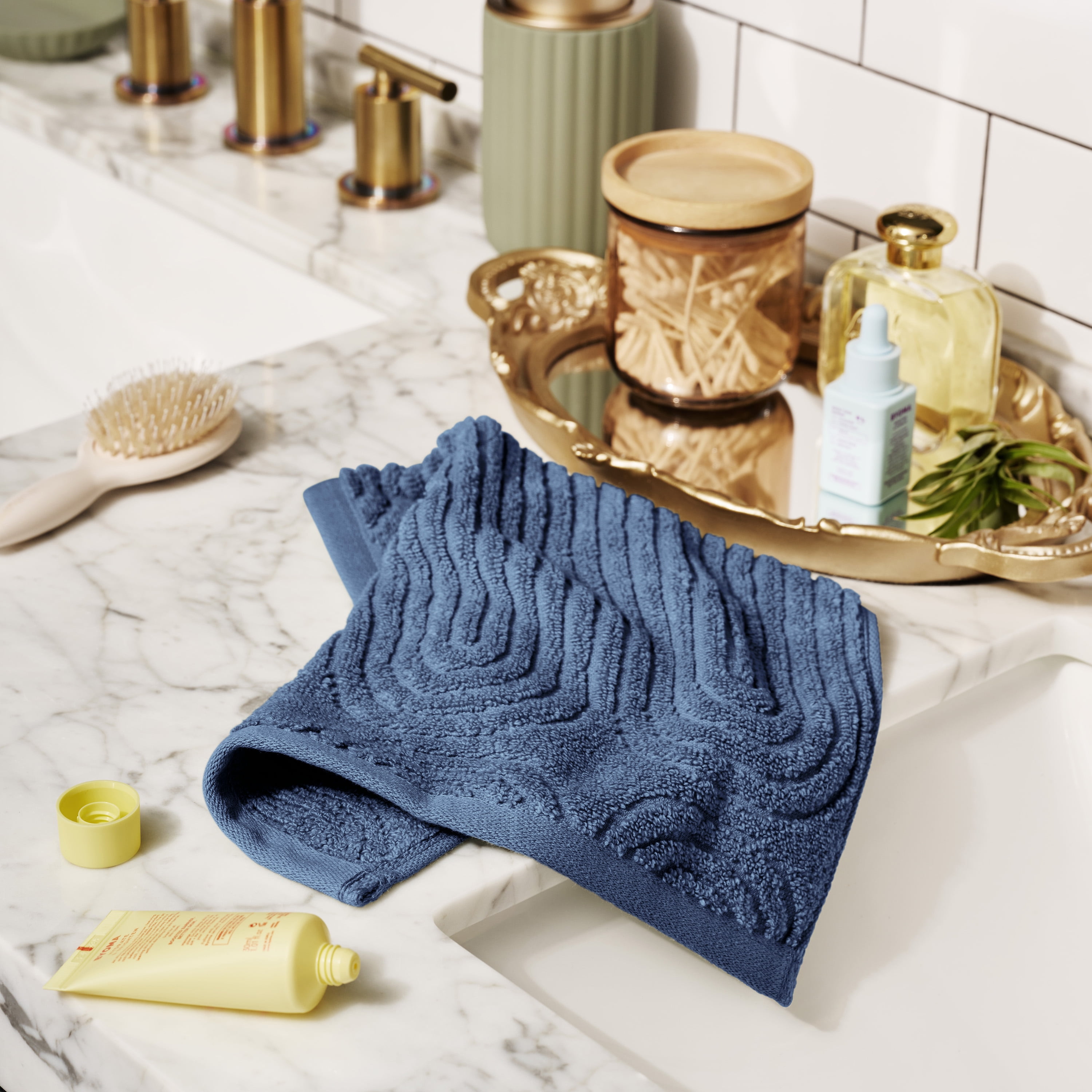Beautiful by Drew Barrymore Textured Washcloth, Soft 100% Cotton, Smokey Blue