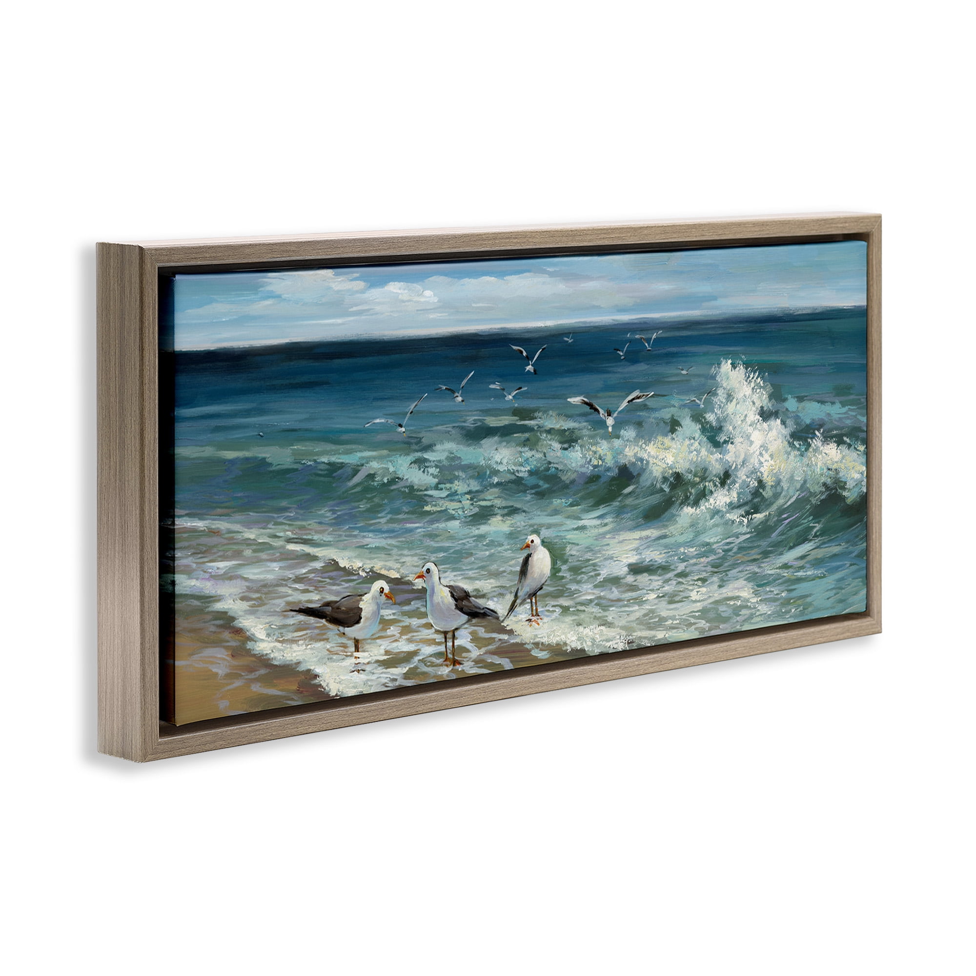Stupell Industries Incoming Beach Tide Seagulls Nature Painting Brown Floater Framed Canvas Art Print Wall Art, 25 x 11