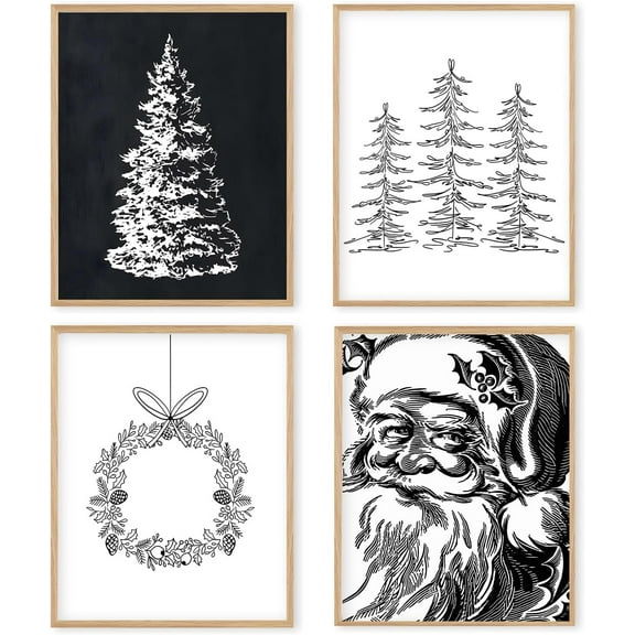 Hieng Red Christmas Winter Unframed Wall Art Prints, Tree Bell Snowflake Posters for Home Bedroom Livingroom Decor Set of 4