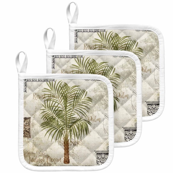 Vintage Palm Trees Pot Holders for Kitchen Heatproof Potholder, 3 Pack Summer Tropical Botanical Beige Burlap Hot Pads Multipurpose Oven Pads Cloth Potholders Trivet for Cooking Baking